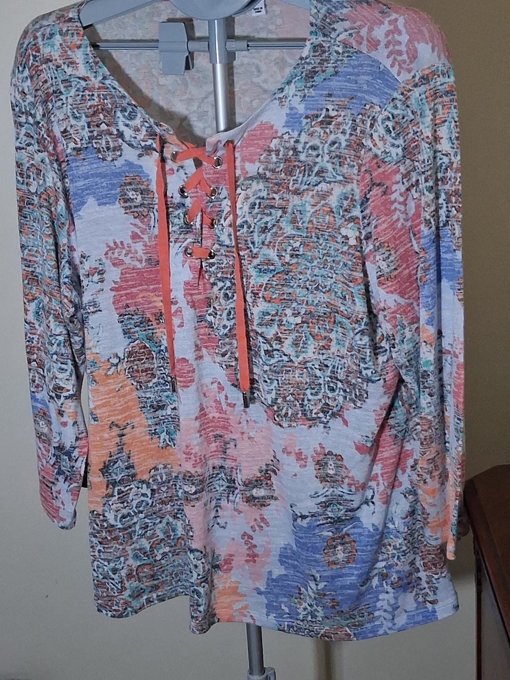 Susan Graver Lace-Up Floral Mix Tunic Multi-Color